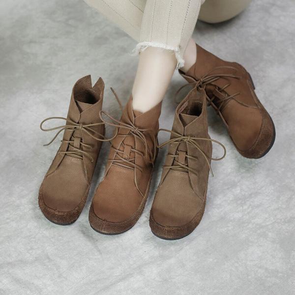 Preppy Style Lace Up Leather Boots Rubber Sole Low Heels Booties