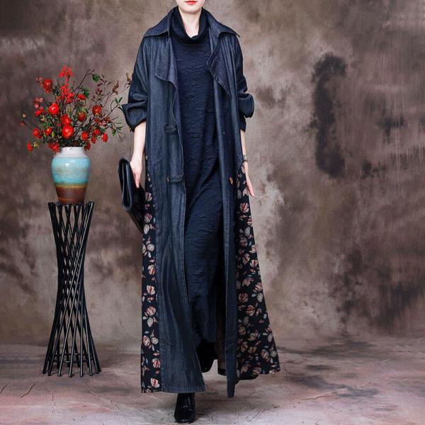 Business Casual Floral Tied Trench Coat Denim Maxi Duster Coat