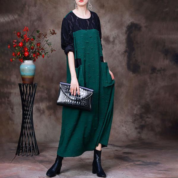 Green Contrast Jacquard Knit Dress Sheer Sleeves Black Dress with Scarf