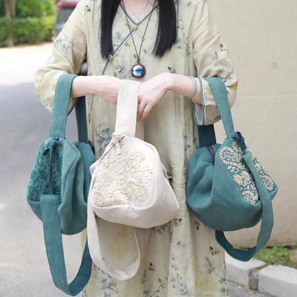 Handmade Flowers Embroidery Handbag Chunky Hemp Shoulder Bag