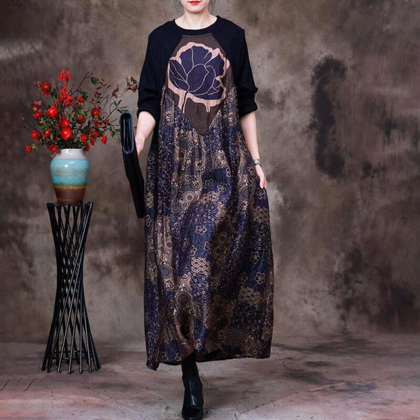 Lotus Printed Silk Purple Dress Knit Floral Elegant Dress