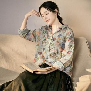 Over50 Style Flowers Vintage Shirt Long Sleeve Ramie Clothes