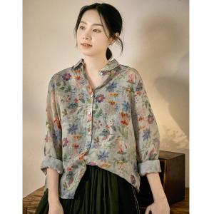 Over50 Style Flowers Vintage Shirt Long Sleeve Ramie Clothes