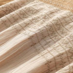 Silk Sheer Sleeves Embroidery Shift Dress Loose Khaki Tie Dress
