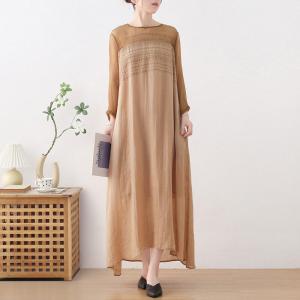 Silk Sheer Sleeves Embroidery Shift Dress Loose Khaki Tie Dress