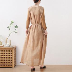 Silk Sheer Sleeves Embroidery Shift Dress Loose Khaki Tie Dress