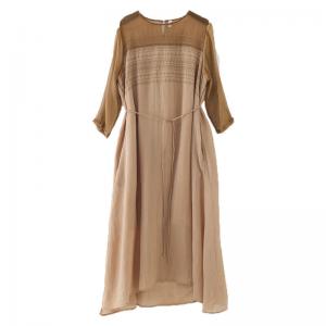 Silk Sheer Sleeves Embroidery Shift Dress Loose Khaki Tie Dress