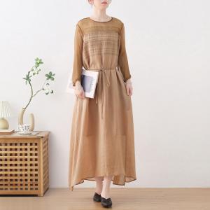 Silk Sheer Sleeves Embroidery Shift Dress Loose Khaki Tie Dress