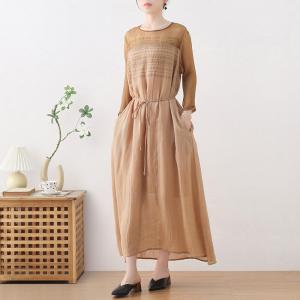 Silk Sheer Sleeves Embroidery Shift Dress Loose Khaki Tie Dress