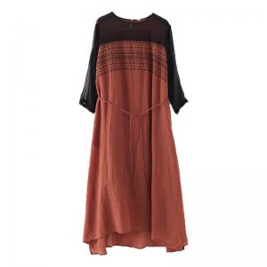 Silk Sheer Sleeves Embroidery Shift Dress Loose Khaki Tie Dress
