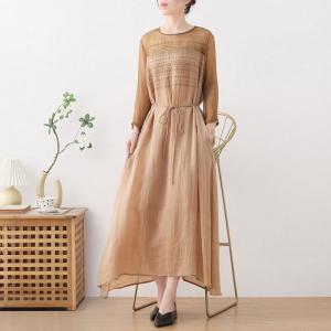 Silk Sheer Sleeves Embroidery Shift Dress Loose Khaki Tie Dress