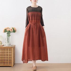 Black Silk Sleeves Loose Ramie Dress Elegant Belted Embroidery Dress