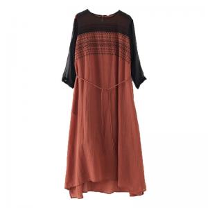 Black Silk Sleeves Loose Ramie Dress Elegant Belted Embroidery Dress