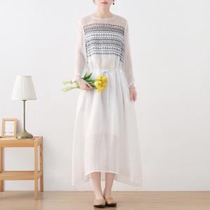 Black Embroidery Ramie White Dress Silk Sleeves Elegant Fall Dress