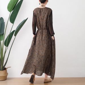 Fall Fashion Sheer Sleeves Ramie Dress Embroidery Folk Shift Dress