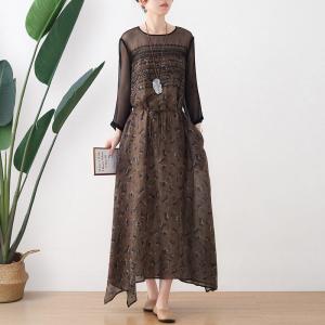 Fall Fashion Sheer Sleeves Ramie Dress Embroidery Folk Shift Dress