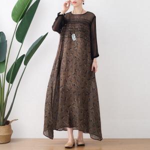 Fall Fashion Sheer Sleeves Ramie Dress Embroidery Folk Shift Dress