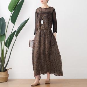 Fall Fashion Sheer Sleeves Ramie Dress Embroidery Folk Shift Dress