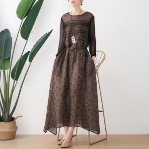 Fall Fashion Sheer Sleeves Ramie Dress Embroidery Folk Shift Dress