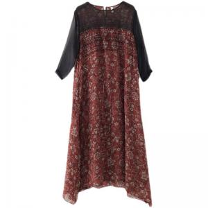 Fall Fashion Sheer Sleeves Ramie Dress Embroidery Folk Shift Dress