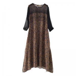 Fall Fashion Sheer Sleeves Ramie Dress Embroidery Folk Shift Dress