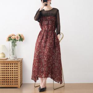 Dark Red Floral Tied Waist Dress Ramie Loose Embroidery Dress