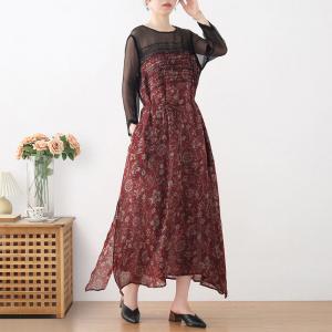 Dark Red Floral Tied Waist Dress Ramie Loose Embroidery Dress