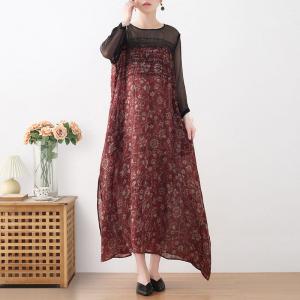 Dark Red Floral Tied Waist Dress Ramie Loose Embroidery Dress