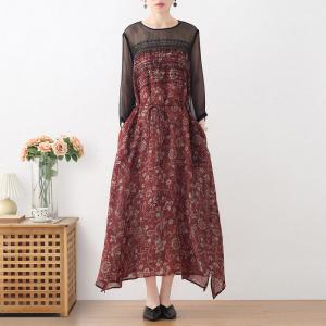 Dark Red Floral Tied Waist Dress Ramie Loose Embroidery Dress