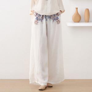 Cotton Lining Ramie Wide Leg Pants Printed Elegant Pull-On Pants