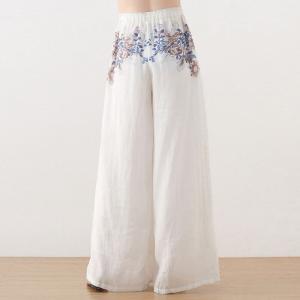 Cotton Lining Ramie Wide Leg Pants Printed Elegant Pull-On Pants