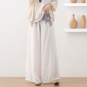 Cotton Lining Ramie Wide Leg Pants Printed Elegant Pull-On Pants