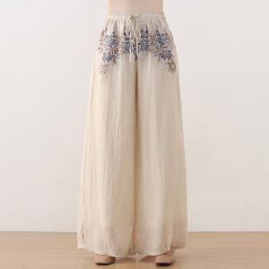 Blue Flowers Apricot Palazzo Pants Ramie Summer Beach Pants