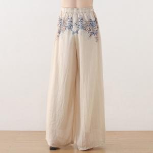 Blue Flowers Apricot Palazzo Pants Ramie Summer Beach Pants