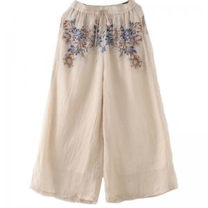 Blue Flowers Apricot Palazzo Pants Ramie Summer Beach Pants