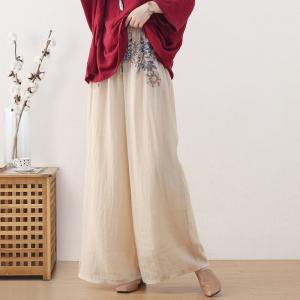 Blue Flowers Apricot Palazzo Pants Ramie Summer Beach Pants