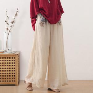 Blue Flowers Apricot Palazzo Pants Ramie Summer Beach Pants