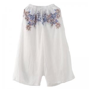 Blue Flowers Apricot Palazzo Pants Ramie Summer Beach Pants