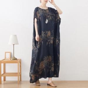 Flowers Prints Dark Blue Cocoon Dress Maxi Plus Size Caftan