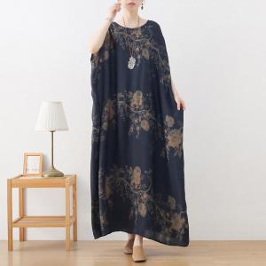 Flowers Prints Dark Blue Cocoon Dress Maxi Plus Size Caftan