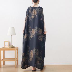 Flowers Prints Dark Blue Cocoon Dress Maxi Plus Size Caftan