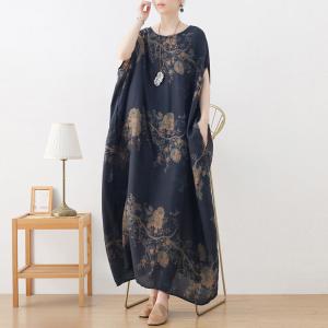 Flowers Prints Dark Blue Cocoon Dress Maxi Plus Size Caftan