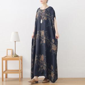 Flowers Prints Dark Blue Cocoon Dress Maxi Plus Size Caftan