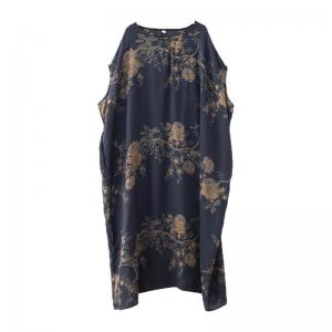 Flowers Prints Dark Blue Cocoon Dress Maxi Plus Size Caftan