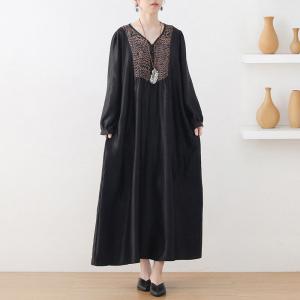 Leopard Collar Black Modest Dress Glittering Silk Plus Size Dress