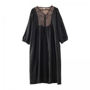 Leopard Collar Black Modest Dress Glittering Silk Plus Size Dress