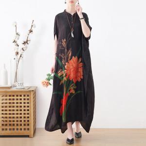 Pop-Colored Flowers Black Jacquard Dress Modest Loose Shirt Dress