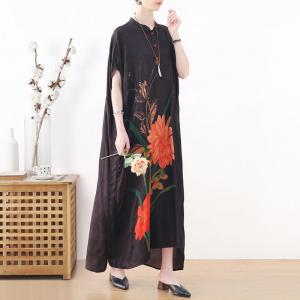 Pop-Colored Flowers Black Jacquard Dress Modest Loose Shirt Dress