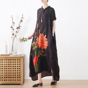 Pop-Colored Flowers Black Jacquard Dress Modest Loose Shirt Dress