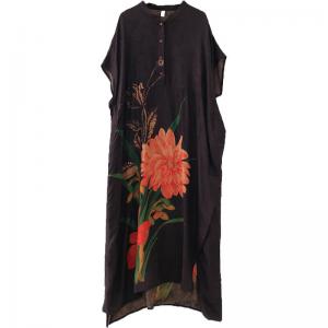 Pop-Colored Flowers Black Jacquard Dress Modest Loose Shirt Dress